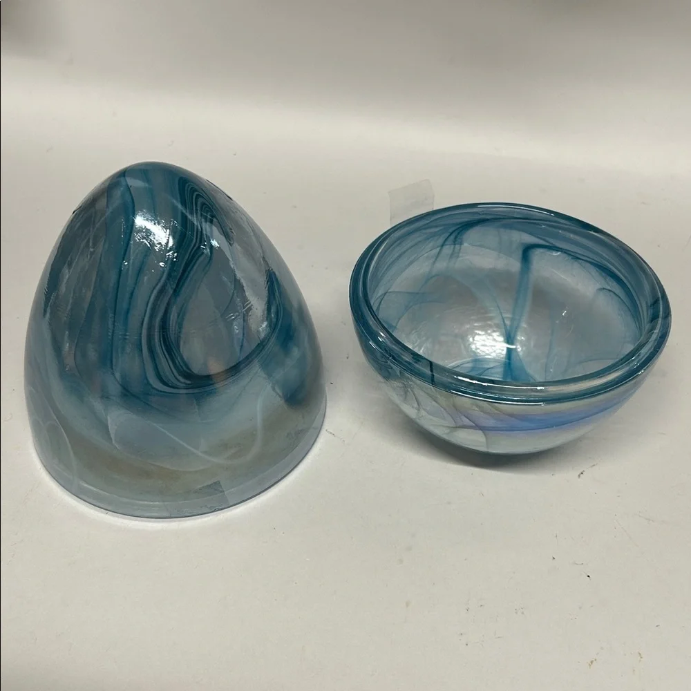AKCAM TURKISH GLASS EASTER EGG BLUE MARBLED WATERCOLOR DECOR CANDY DISH - Picture 4 of 5